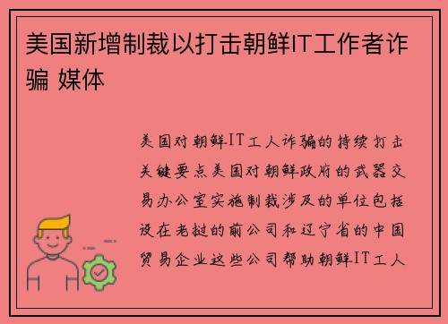 美国新增制裁以打击朝鲜IT工作者诈骗 媒体